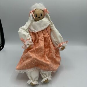 Vtg Girl Bunny Handmade Doll Shelf Sitter 12” Farmhouse Easter Granny Core